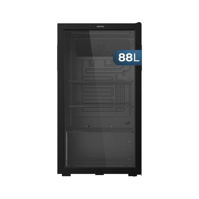 Cecotec Bolero CoolMarket BC 88 Black Nevera Minibar - Capacidad 88L - 115 Latas - Luz LED - Temperatura Regulable de 0 a 10ºC - Puerta de Cristal - Color Negro