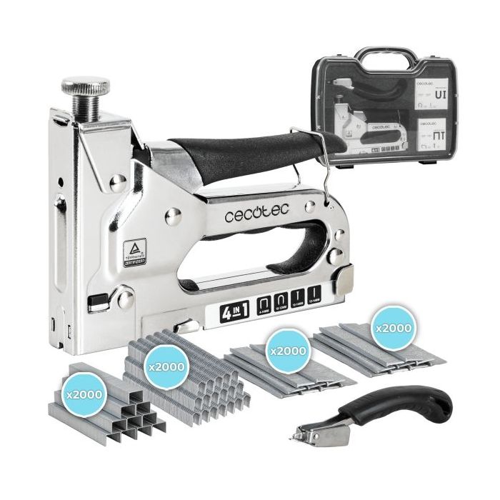 Cecotec FastTacker 4in1 Full Equip Clavadora/Grapadora - Incluye Accesorios - Maletin - Color Acero