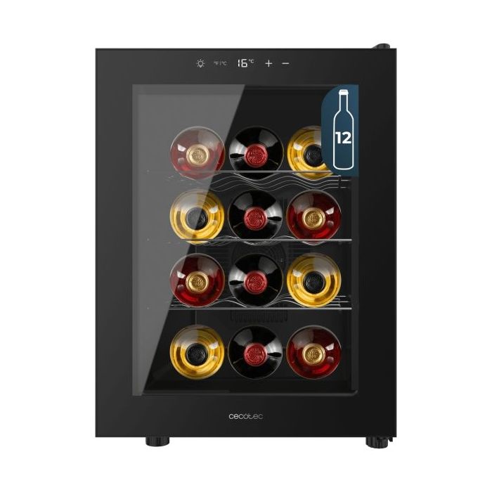 Cecotec Bolero GrandSommelier 1255 CoolCrystal Vinoteca para 12 Botellas - Silencioso 35dB - Luz LED - Pantalla LED - Temperatura Regulable - Control Tactil - Color Negro