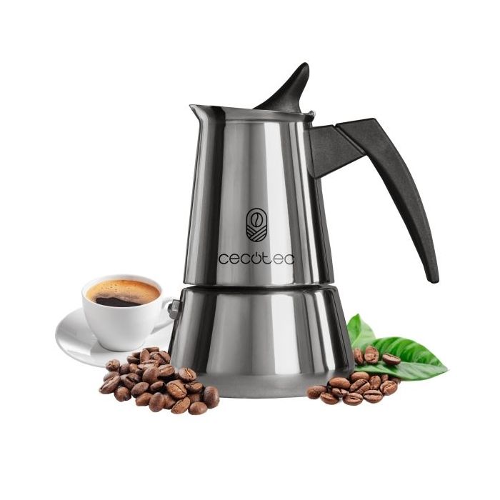 Cecotec Piccolina 400 Cafetera Italiana para 4 Tazas - Capacidad 200ml - Apta para Todo Tipo de Cocinas - Mango Ergonomico y Termoresistente - Acero Inoxidable