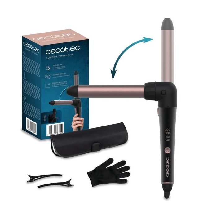 Cecotec SurfCare 3200 TwistWaves Rizador de Pelo de 32mm - Codo de 90 Grados - Temperatura Regulable hasta 200 ºC - Cabezales Incluidos - Revestimiento Ceramico - Color Negro