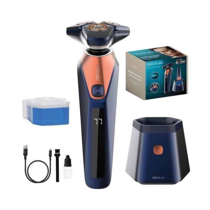 Cecotec PrecisionCare Saphire Pro Afeitadora Rotativa con Base Autolimpieza - Autonomia hasta 90min - Cuchillas de Titanio - Varias Velocidades - Liquido de Autolimpieza - IPX7 - Color Negro