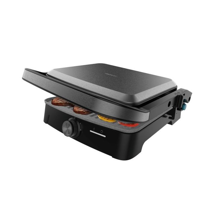 Cecotec Rock'nGrill 2000 Full Open Parrilla Electrica - 2000W - Antiadherente - Temperatura Regulable - Apertura 180º - Bandeja Recogegrasas - Superficie Cocinado 279x229mm - Color Gris