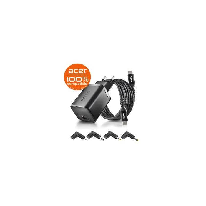 NGS BUD65W‑AC Cargador GaN 65W para Portatiles Acer - USB C Power Delivery y PPS - 4 Conectores DC Incluidos - Cable USB C 1.5m 60W - Diseño Ultraportatil - Proteccion contra Sobrecalentamiento y Sobrecargas