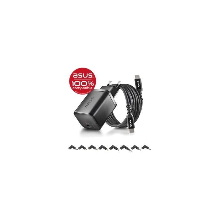 NGS BUD65W-AS Cargador GaN 65W para Portatiles ASUS - USB C Power Delivery y PPS - 8 Conectores DC Incluidos - Cable USB C 1.5 m 60W - Diseno Ultraportatil - Proteccion contra Sobrecargas y Sobrecalentamiento