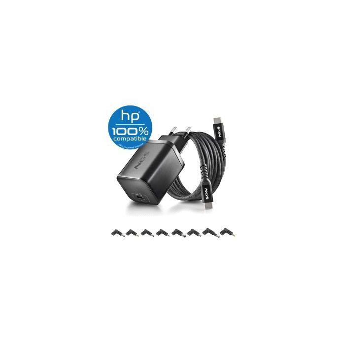 NGS BUD65W-H Cargador GaN 65W para Portatiles HP - USB C Power Delivery y PPS - 8 Conectores DC Incluidos - Cable USB C 1.5 m 60W - Diseno Ultraportatil - Proteccion contra Sobrecargas y Sobrecalentamiento