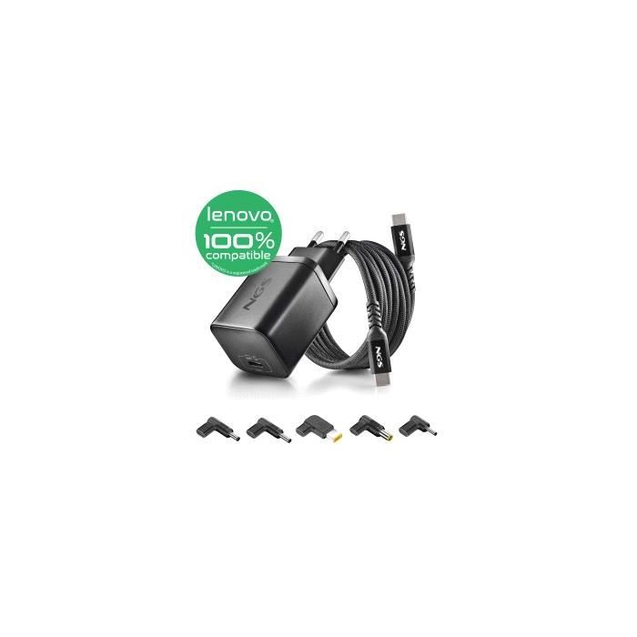 NGS BUD65W-L Cargador GaN 65W para Portatiles Lenovo - USB C Power Delivery y PPS - 5 Conectores DC Incluidos - Cable USB C 1.5 m 60W - Diseno Ultraportatil - Proteccion contra Sobrecargas y Sobrecalentamiento