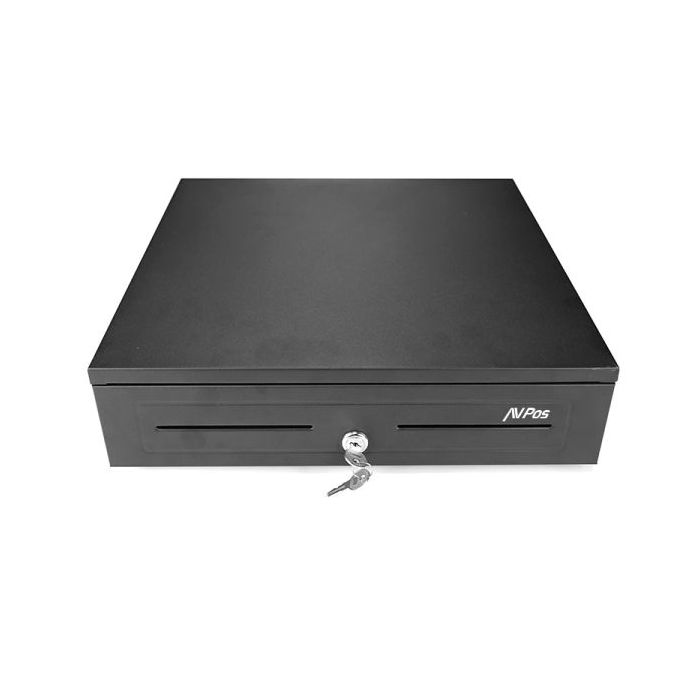 AVPos CASH-U285 Cajon Portamonedas 41cm Automatico - 5 Posiciones Billetes - 8 Posiciones Monedas - RJ11 - Acero de Alta Resistencia - Color Negro