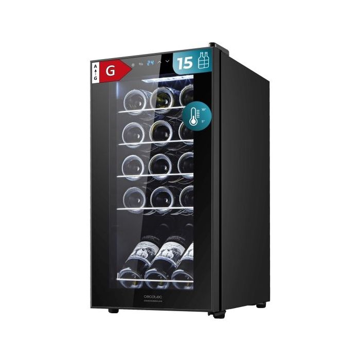 Cecotec Bolero GrandSommelier 1550 Black Compressor Vinoteca para 15 Botellas - Silencioso 39dB - Temperatura Regulable - Compresor de Enfriamiento - Control Tactil - Color Negro