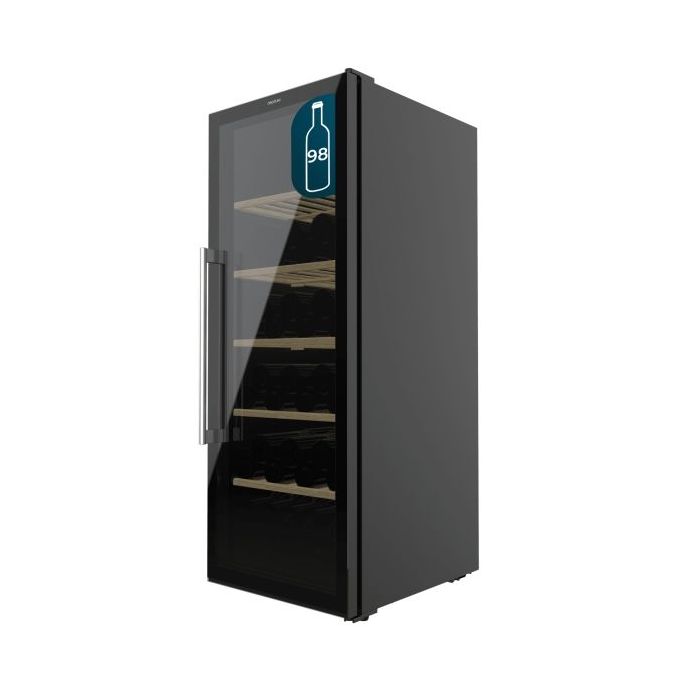 Cecotec Bolero GrandSommelier 98000 Black Vinoteca 98 Botellas - Capacidad 201L - Silencioso 37dB - Luz LED - Pantalla LED - Temperatura Regulable - Acero Inoxidable - Seguro Infantil - Color Negro