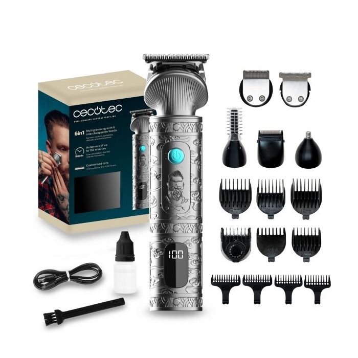 Cecotec PrecisionCare Samurai Profiling Afeitadora Recortadora 6 en 1 con Base - Autonomia 170min - Incluye Accesorios - Cuchillas Acero Inoxidable - Cabezales Incluidos - Incluye Peines Guia - Color Gris