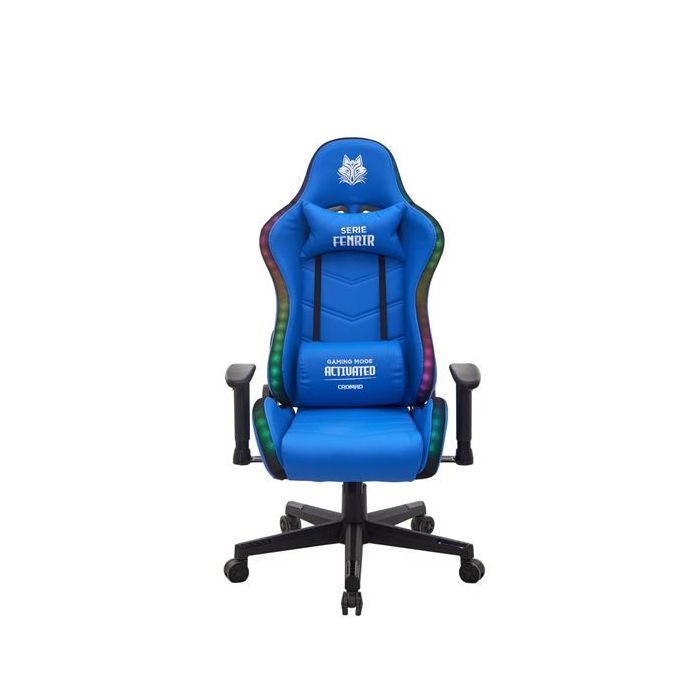 Cromad Serie Fenrir Silla Gaming RGB - Estructura Robusta - Piel Sintetica de Alta Calidad - Altura Regulable con Piston de Gas Clase 2 - Respaldo Reclinable - Cojin Lumbar y Cervical - Reposabrazos Regulables - Color Azul