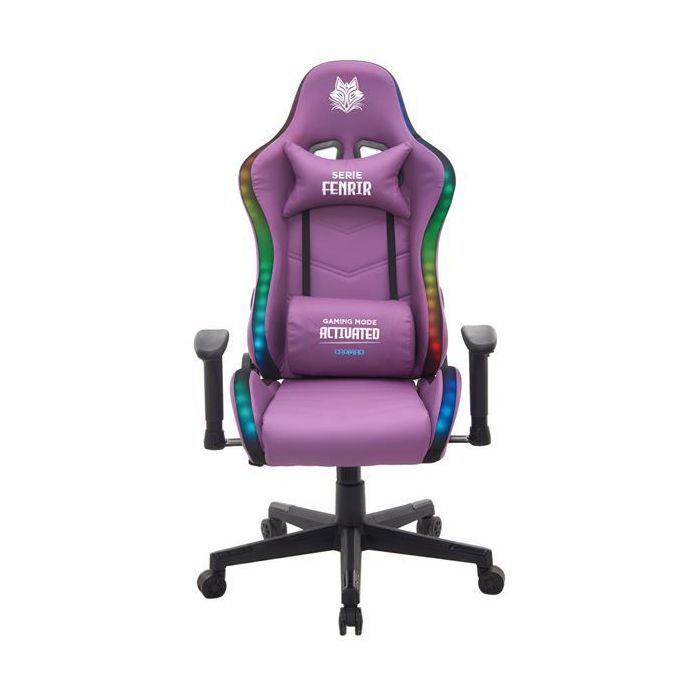 Cromad Serie Fenrir Silla Gaming RGB - Estructura Robusta - Piel Sintetica de Alta Calidad - Altura Regulable con Piston de Gas Clase 2 - Respaldo Reclinable - Cojin Lumbar y Cervical - Reposabrazos Regulables - Color Violeta