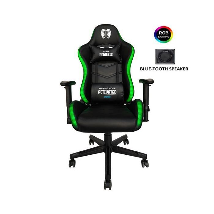 Cromad Serie Nemesis Silla Gaming RGB - Estructura Robusta - Piel Sintetica de Alta Calidad - Altura Regulable con Piston de Gas Clase 2 - Respaldo Reclinable - Cojin Lumbar y Cervical - Reposabrazos Regulables - Altavoces Bluetooth - Color Negro