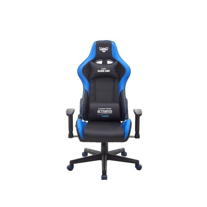 Cromad Serie Demon Lord Silla Gaming - Estructura Robusta - Piel Sintetica de Alta Calidad - Altura Regulable con Piston de Gas Clase 2 - Respaldo Reclinable - Cojin Lumbar y Cervical - Reposabrazos Regulables - Color Negro/Azul