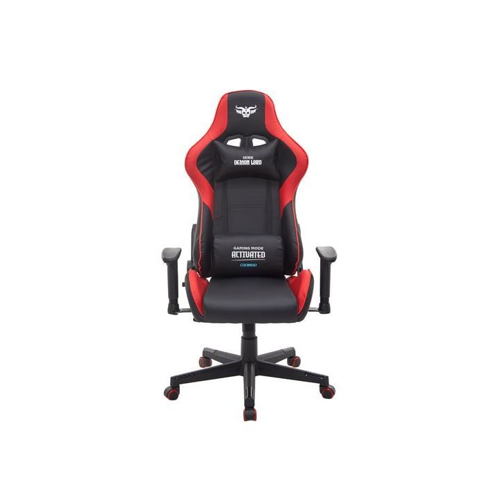 Cromad Serie Demon Lord Silla Gaming - Estructura Robusta - Piel Sintetica de Alta Calidad - Altura Regulable con Piston de Gas Clase 2 - Respaldo Reclinable - Cojin Lumbar y Cervical - Reposabrazos Regulables - Color Negro/Rojo