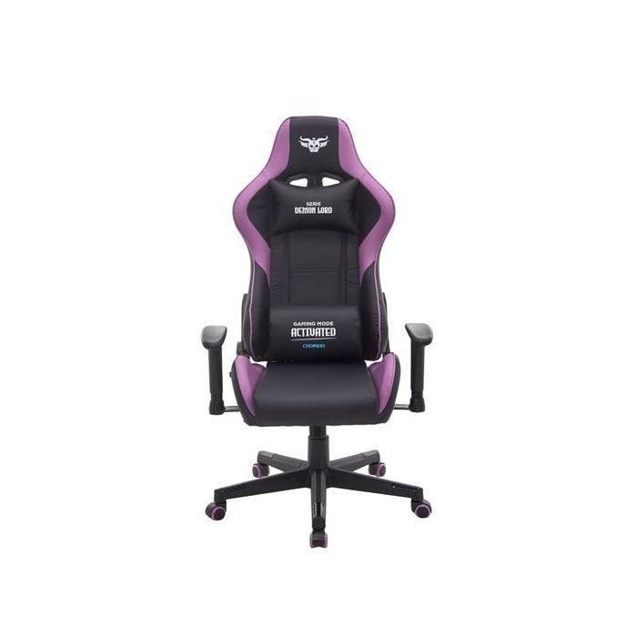 Cromad Serie Demon Lord Silla Gaming - Estructura Robusta - Piel Sintetica de Alta Calidad - Altura Regulable con Piston de Gas Clase 2 - Respaldo Reclinable - Cojin Lumbar y Cervical - Reposabrazos Regulables - Color Negro/Violeta