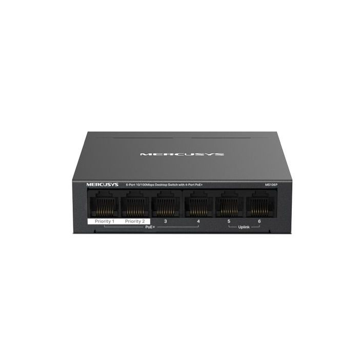 Mercusys MS106P Swtich 6 Puertos RJ45 10/100Mbps - 4 Puertos PoE+ - Color Negro