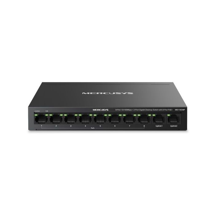 Mercusys MS110CMP Swtich 10 Puertos RJ45 - 8 Puertos 10/100Mbps PoE+ - 2 Puertos Gigabit - Hasta 250 Metros de Alcance - Color Negro