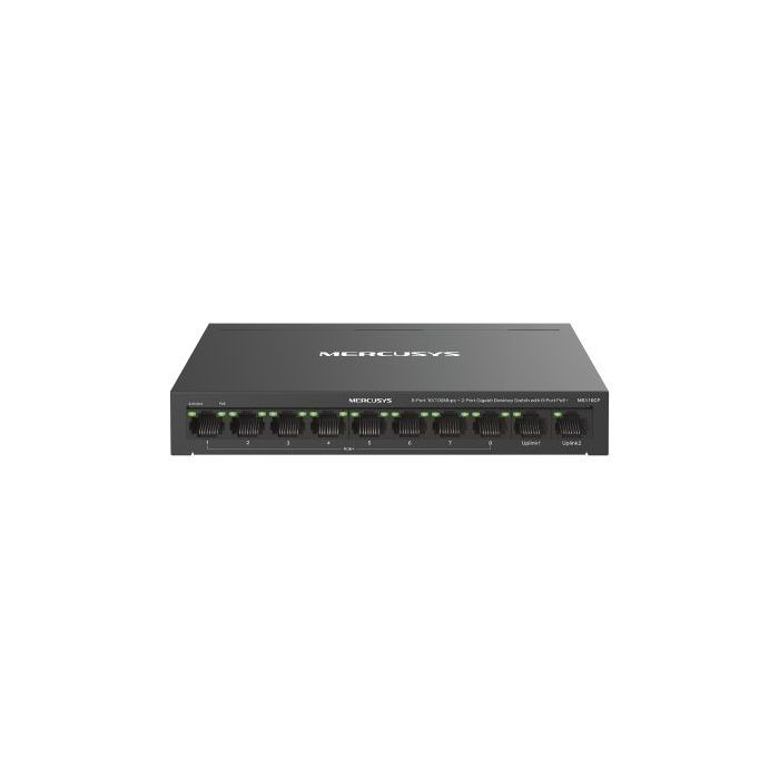 Mercusys MS110CP Swtich 10 Puertos RJ45 - 8 Puertos 10/100Mbps PoE+ - 2 Puertos Gigabit - Hasta 250 Metros de Alcance - Color Negro