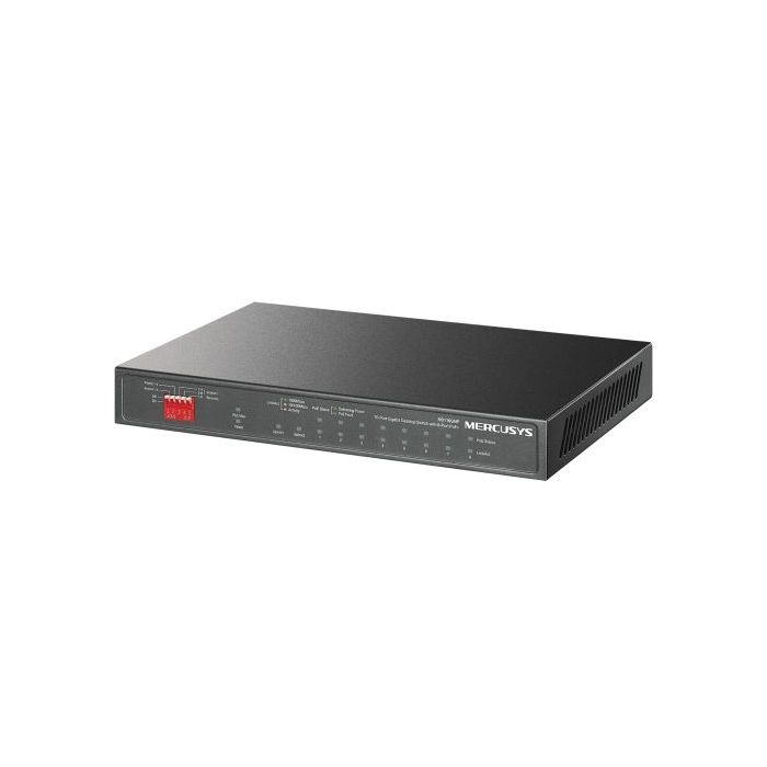 Mercusys MS110GMP Switch 10 Puertos Gigabit RJ45 10/100/1000Mbps - 8 Puertos Gigabit PoE+ y 2 Puertos Gigabit Uplink - Plug & Play - Diseño Metalico - Color Negro