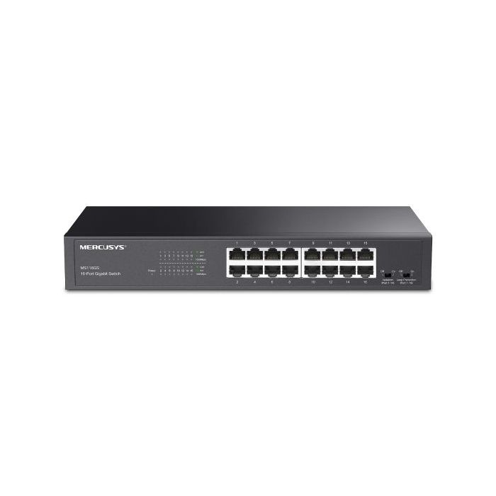 Mercusys MS116GS Switch 16 Puertos Gigabit RJ45 10/100/1000Mbps con Auto-Negociacion - Plug & Play - Montaje Escritorio o Rack - Color Negro