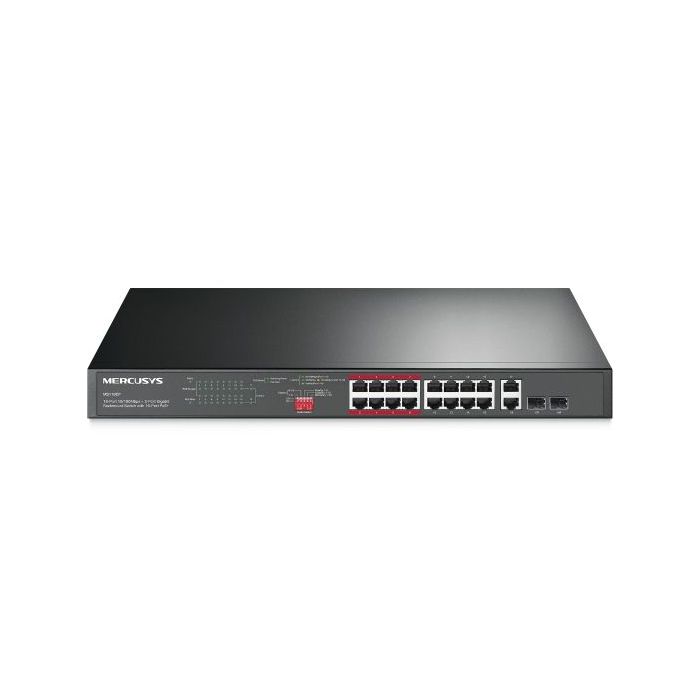 Mercusys MS118CP Swtich 18 Puertos RJ45 - 16 Puertos 10/100Mbps PoE+ - 2 Puertos Gigabit - Hasta 250 Metros de Alcance - Color Negro
