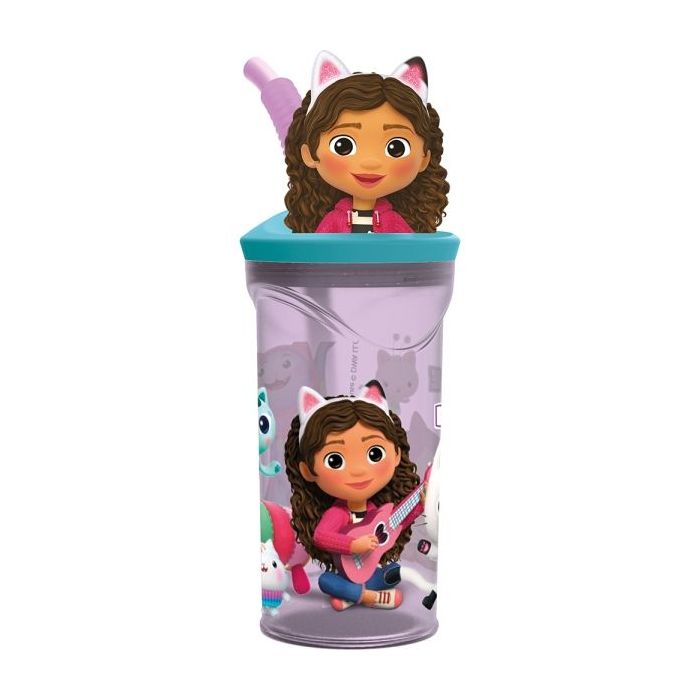 Safta Gabby's Dollhouse Party Vaso con Figura 3D de 360ml - Tapa con Rosca - Pajita Interior - Color Transparente