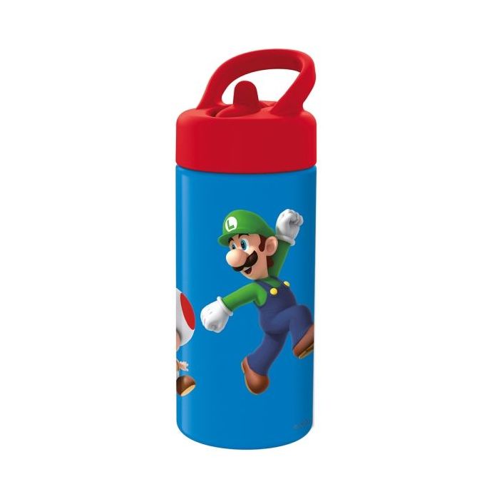 Safta Super Mario Botella de 410ml - Cierre Hermetico - Valvula de Salida de Agua - Asa Superior - Tapon Roscado - Color Rojo y Azul