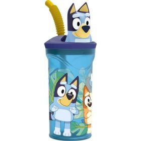 Safta Bluey Vaso con Figura 3D de 360ml - Tapa con Rosca - Cierre Hermetico - Pajita Interior - Color Azul