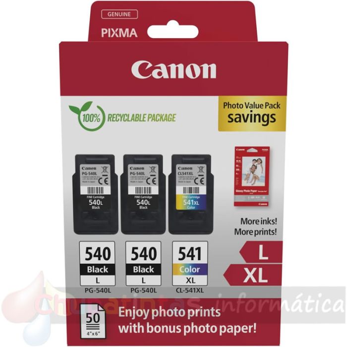 Canon PG540L Negro + CL541XL Color Pack de 3 Cartuchos de Tinta Originales + 50 Hojas de Papel Fotográfico - 5224B015