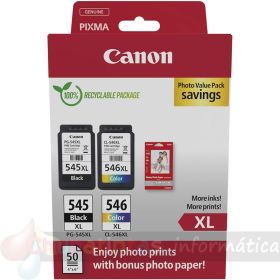 Canon PG545XL Negro + CL546XL Color Pack de 2 Cartuchos de Tinta Originales + 50 Hojas de Papel Fotográfico-1
