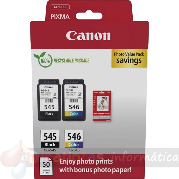 Canon PG545 Negro + CL546 Color Pack de Cartuchos de Tinta Originales + 50 Hojas de Papel Fotográfico - 1