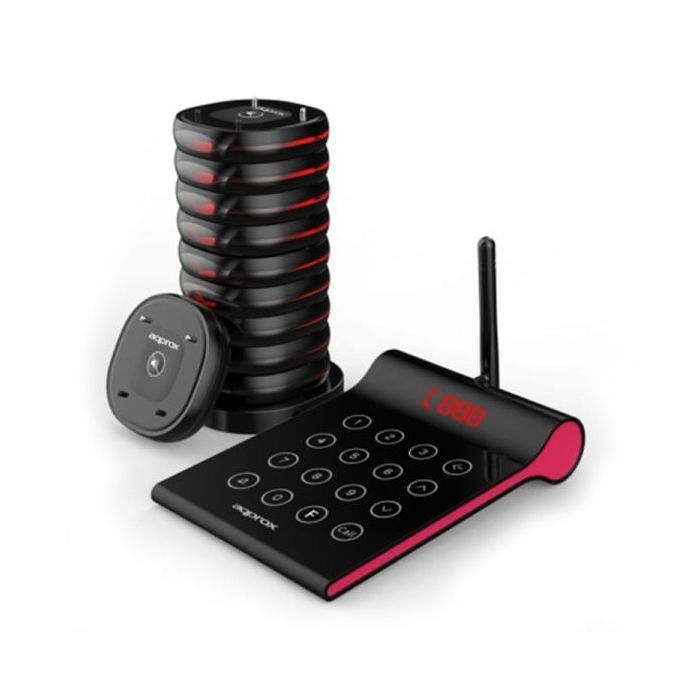 Approx Customer Caller Kit Avisador de Clientes - Base de Carga - 10 Unidades - 400m Alcance - Transmisor con Teclado Tactil - Color Negro