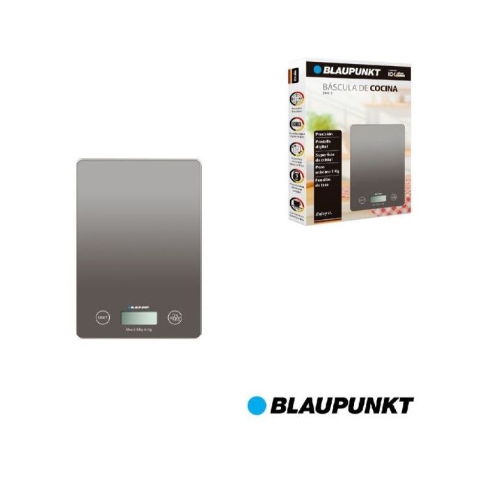 Blaupunkt BP4012 Bascula de Cocina Digital 5kg con Plataforma de Cristal - Pantalla LCD Retroiluminada - Funcion Tara - Alta Precision 1g - Autoapagado y Indicadores de Sobrecarga/Bateria Baja - Color Gris