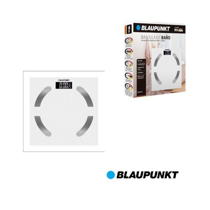 Blaupunkt BP5009 Bascula de Bano Digital Extraplana - 180kg con Vidrio Templado - Sensores de Alta Precision - Pantalla LCD con Indicador de Temperatura Ambiente - Activacion Automatica - Color Blanco