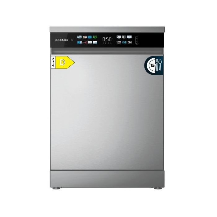 Cecotec Bolero Aguazero 6210 Inox D Lavavajillas de 60cm - 15 Cubiertos - Temperatura Regulable - Seguro Infantil - Pantalla XXL - 8 Programas - Inicio Programable - Funcion Media Carga - Color Acero