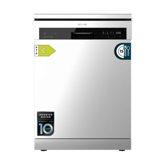 Cecotec Bolero Aguazero 6500 Inox C Lavavajillas de 60cm - 15 Cubiertos - Bandeja para Cubiertos - 6 Programas - Motor Inverter - Inicio Programable - Funcion Media Carga - Color Acero