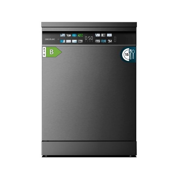 Cecotec Bolero Aguazero 6700 Dark B Lavavajillas de 60cm - 15 Cubiertos - Temperatura Regulable - Seguro Infantil - Pantalla XXL - 8 Programas - Motor Inverter - Inicio Programable - Color Gris Oscuro