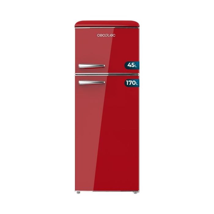 Cecotec Bolero CoolMarket 2D Origin 215 Red E Frigorifico Dos Puertas - Capacidad 215L - Temperatura Regulable - Estilo Retro - Clase E - 55.2x62.1x148.2cm - Color Rojo