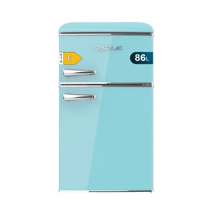 Cecotec Bolero CoolMarket 2D Origin 86 Blue E Mini Frigorifico de Dos Puertas de 86L - Luz LED - Estilo Retro - Tirador Cromado - Cajon para Vegetales - 48.7x59.2x89.3cm - Color Turquesa