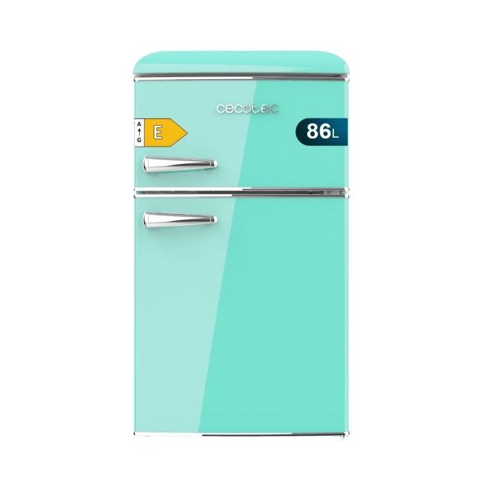 Cecotec Bolero CoolMarket 2D Origin 86 Green E Mini Frigorifico de Dos Puertas de 86L - Luz LED - Estilo Retro - Tirador Cromado - Cajon para Vegetales - 48.7x59.2x89.3cm - Color Menta
