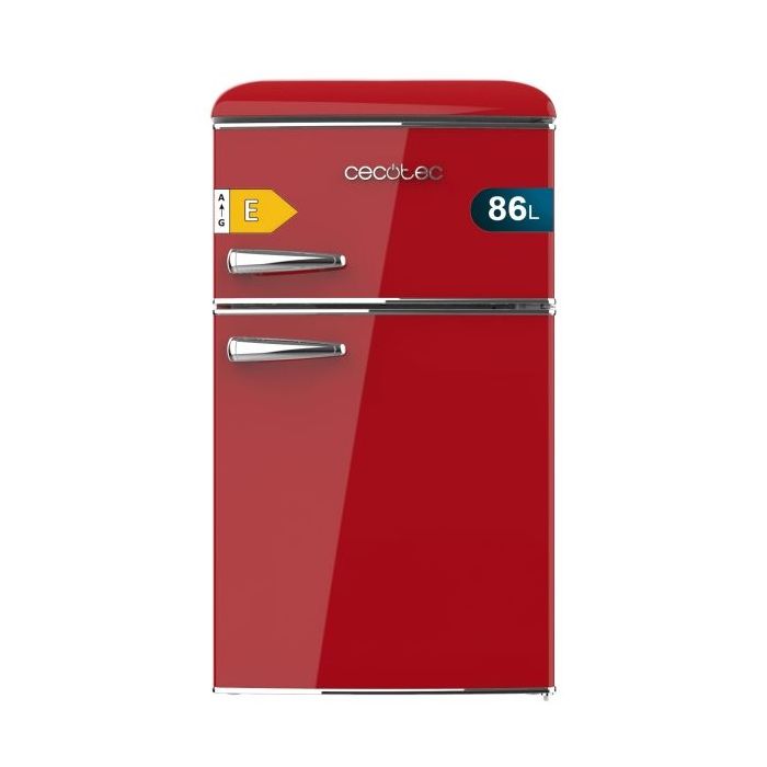 Cecotec Bolero CoolMarket 2D Origin 86 Red E Mini Frigorifico de Dos Puertas de 86L - Luz LED - Estilo Retro - Tirador Cromado - Cajon para Vegetales - 48.7x59.2x89.3cm - Color Rojo