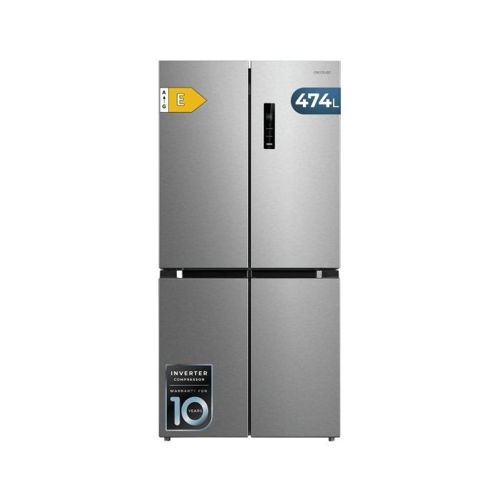Cecotec Bolero CoolMarket 4D 474 Inox E Frigorifico Americano 4 Puertas - Capacidad 474L - Silencioso 35dB - Luz LED - Compresor Inverter - Total Nofrost - Frio Envolvente - 83.3x177.5cm - Color Acero