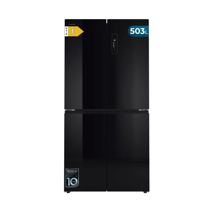 Cecotec Bolero CoolMarket 4D 503 Black Glass E Frigorifico Americano 4 Puertas - Capacidad 503L - Luz LED - Compresor Inverter - Puerta de Cristal - Frio Envolvente - 177.5x85.3x69.8cm - Color Negro