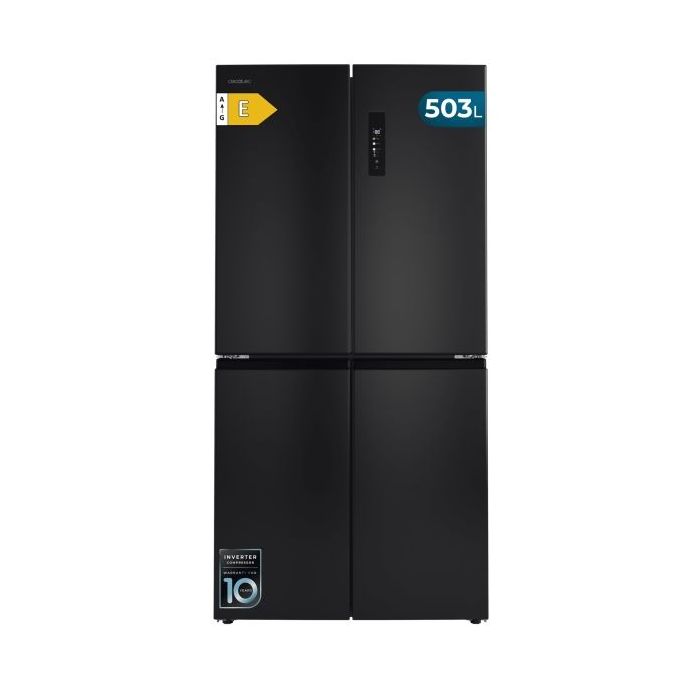 Cecotec Bolero CoolMarket 4D 503 Dark E Frigorifico Americano 4 Puertas - Capacidad 503L - Luz LED - Compresor Inverter - Silencioso - Frio Envolvente - Clase E - 177.5x85.3x69.8cm - Color Negro