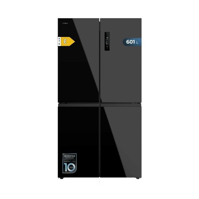 Cecotec Bolero CoolMarket 4D 601 Black Glass E Frigorifico Americano 4 Puertas - Capacidad 601L - Compresor Inverter - Total Nofrost - Puerta de Cristal - Clase E - 90.5x73x177.5cm - Color Negro