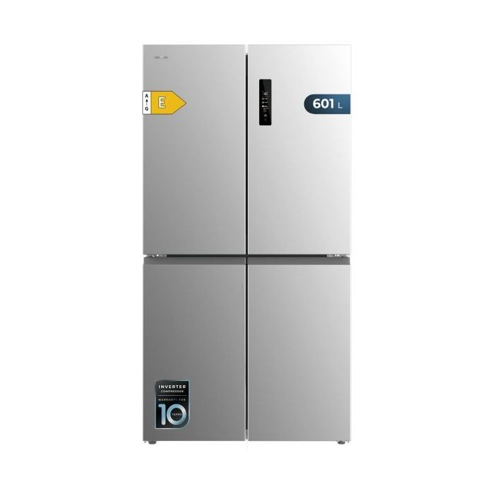 Cecotec Bolero CoolMarket 4D 601 Inox E Frigorifico Americano 4 Puertas - Capacidad 601L - Compresor Inverter - Acero Inoxidable - Pantalla en Puerta - Clase E - 90.5x73x177.5cm - Color Acero