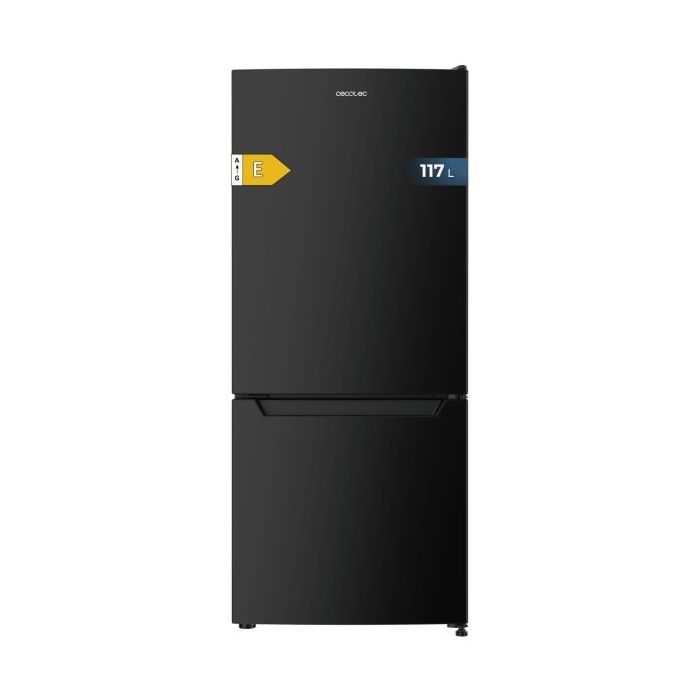 Cecotec Bolero CoolMarket Combi 117 DF Black E Frigorifico Combi - 117L - Luz LED - Defrost - Congelacion Ultrarapida - Display Interior - Puerta Reversible - Clase E - 47x49x114cm - Color Negro