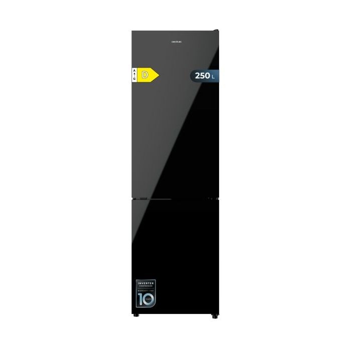Cecotec Bolero CoolMarket Combi 250 Black Glass D Frigorifico Combi - 250L - Compresor Inverter - Puerta de Cristal - Frio Envolvente - Cajon Humedad Regulable - Clase E - 54x57.6x180cm - Color Negro